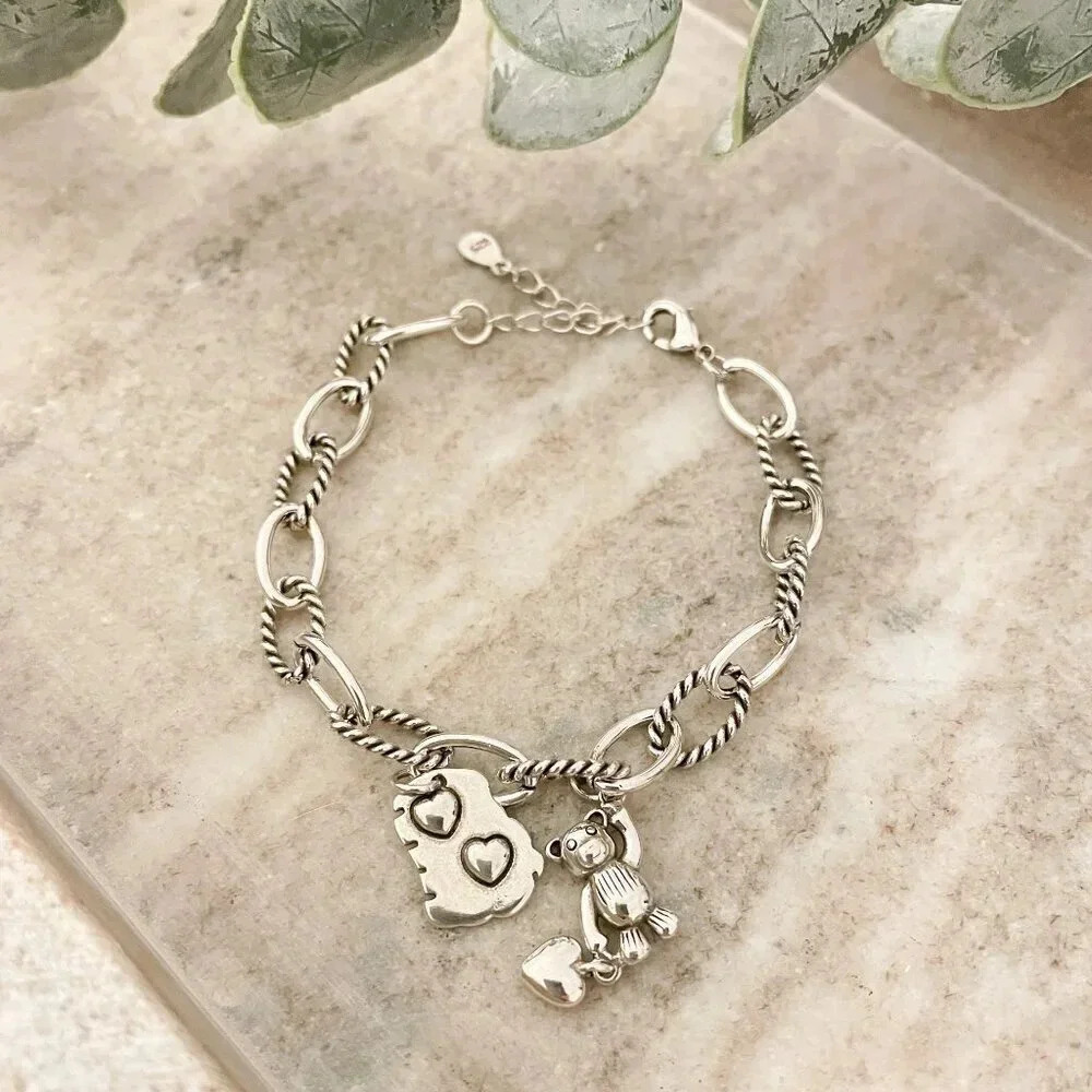 925 Sterling Silver Bear Bracelet Heart Charm Bracelet Silver Link Bracelet